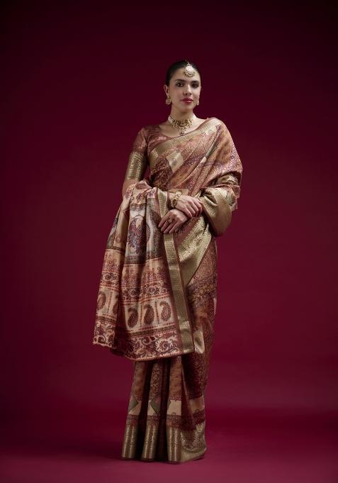 Coffee Printed Silk Saree Set