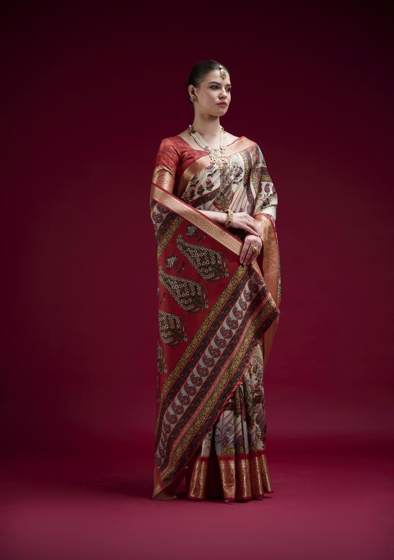 Maroon Printed Silk Blend Saree Set - Indya