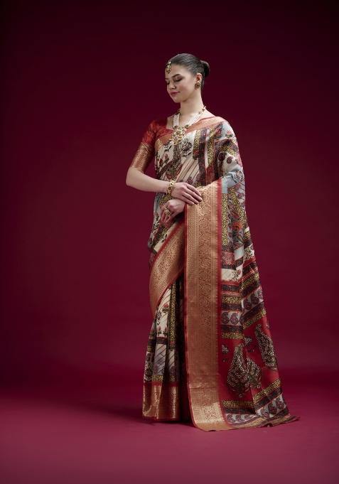 Maroon Printed Silk Blend Saree Set