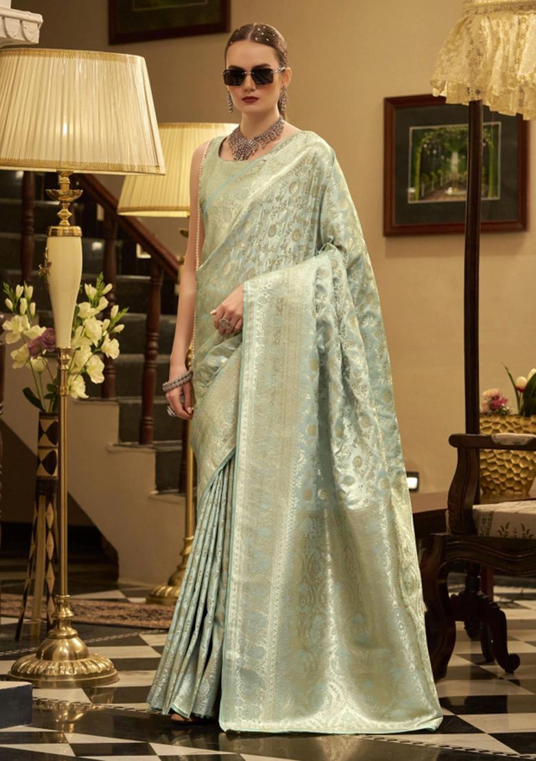 Sea Green Floral Print Silk Blend Saree Set - Indya