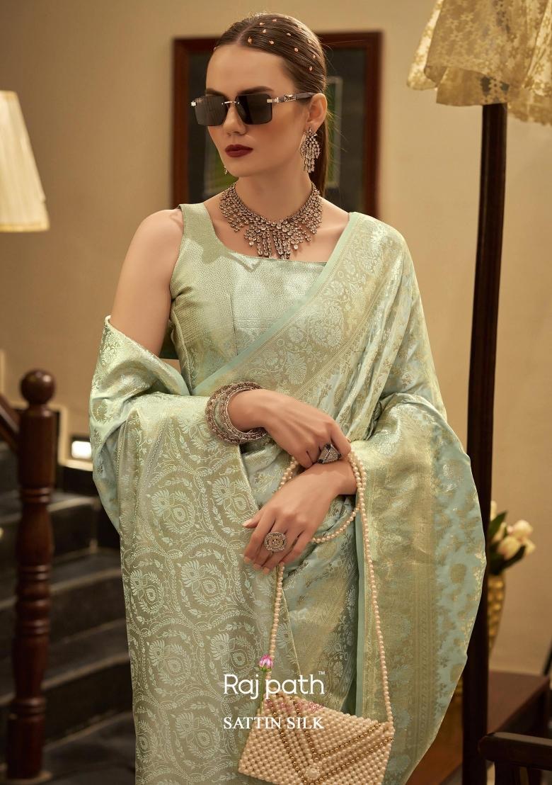 Sea Green Floral Print Silk Blend Saree Set - Indya