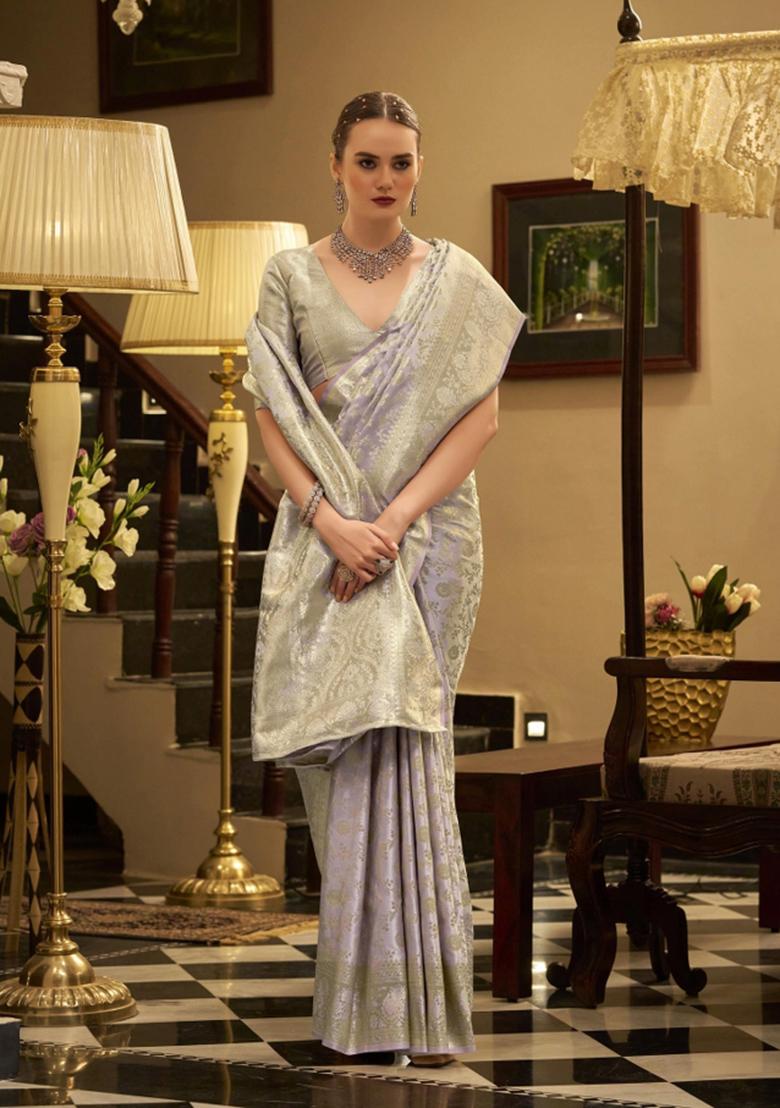 Purple Floral Print Silk Blend Saree Set - Indya