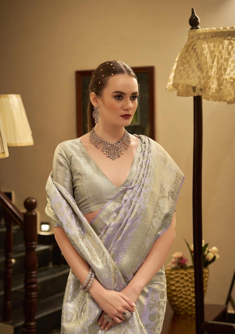 Purple Floral Print Silk Blend Saree Set - Indya
