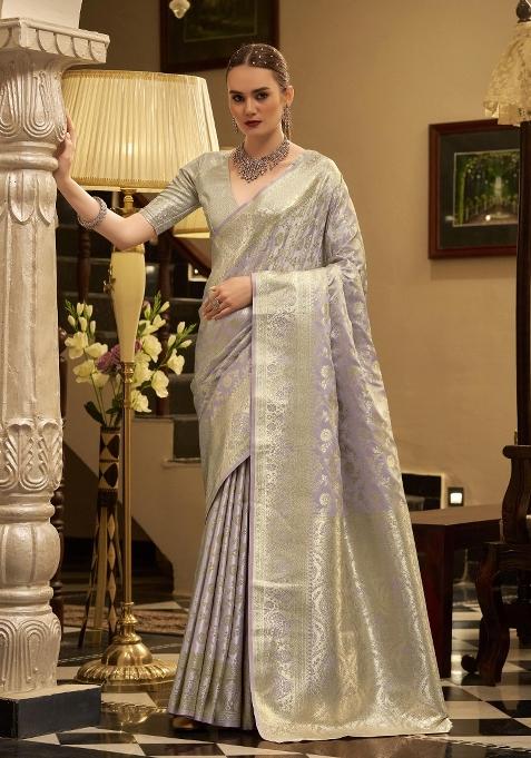 Purple Floral Print Silk Blend Saree Set
