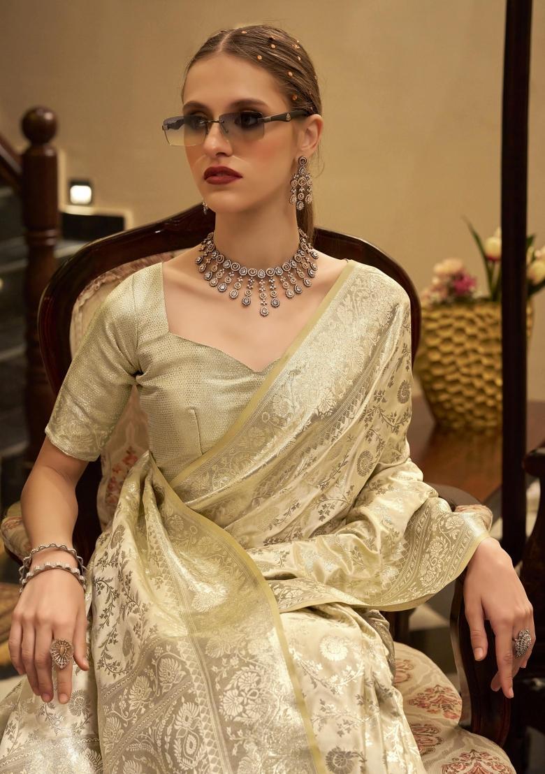 Beige Floral Print Silk Blend Saree Set - Indya