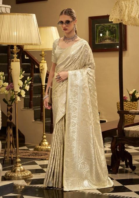Beige Floral Print Silk Saree Set