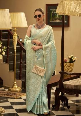 Green Floral Print Silk Blend Saree Set