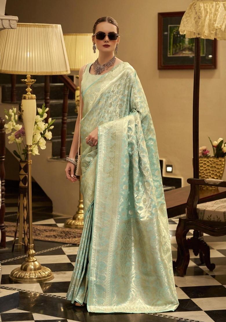 Green Floral Print Silk Blend Saree Set - Indya