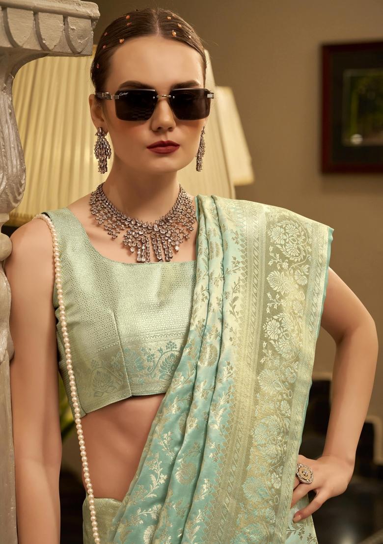 Green Floral Print Silk Blend Saree Set - Indya