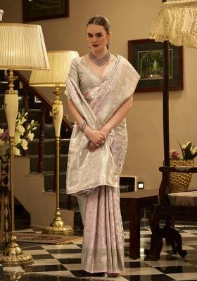 Pink Floral Print Silk Blend Saree Set
