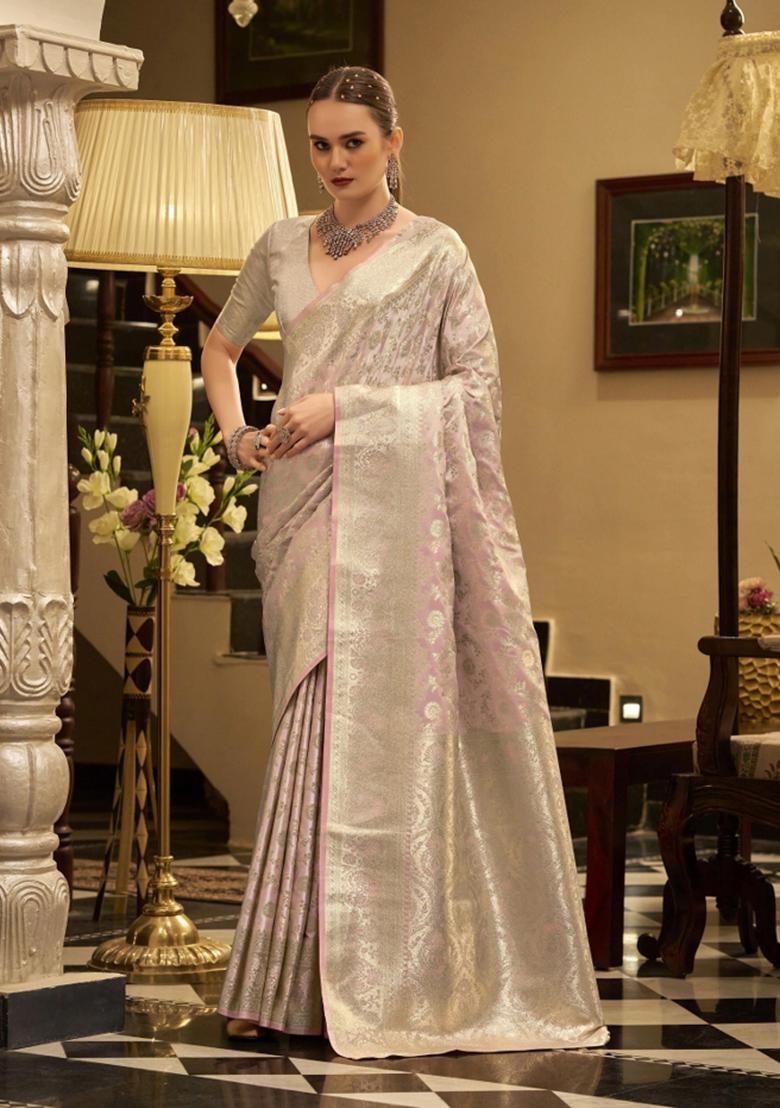 Pink Floral Print Silk Blend Saree Set - Indya