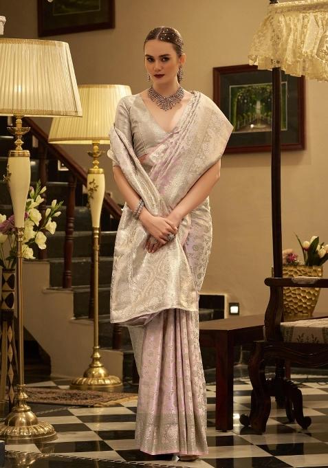 Pink Floral Print Silk Blend Saree Set