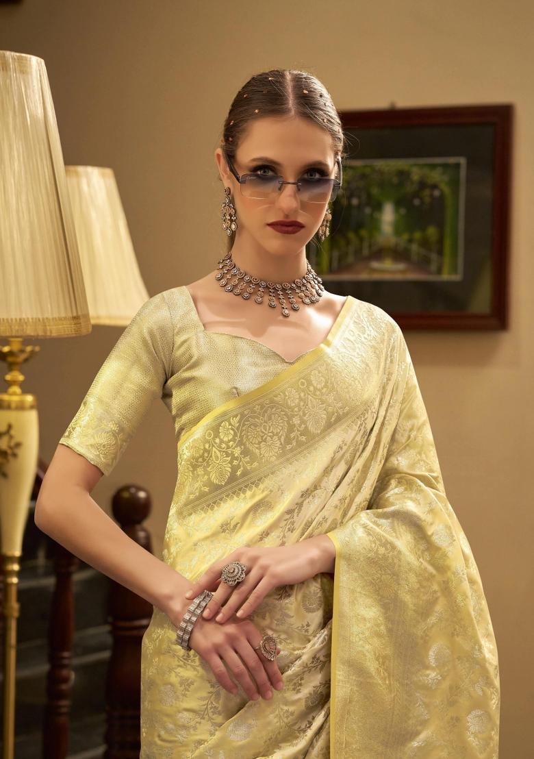 Yellow Floral Print Silk Blend Saree Set - Indya