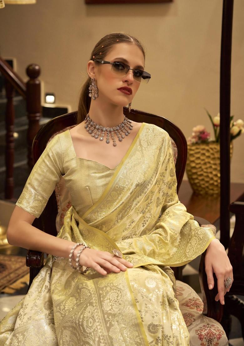 Yellow Floral Print Silk Blend Saree Set - Indya