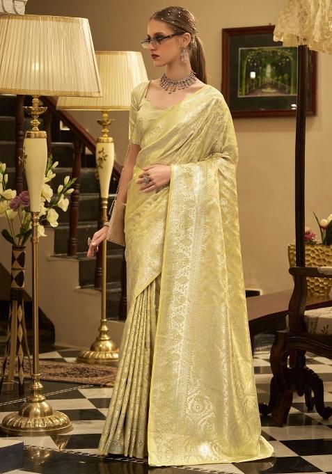 Yellow Floral Print Silk Blend Saree Set