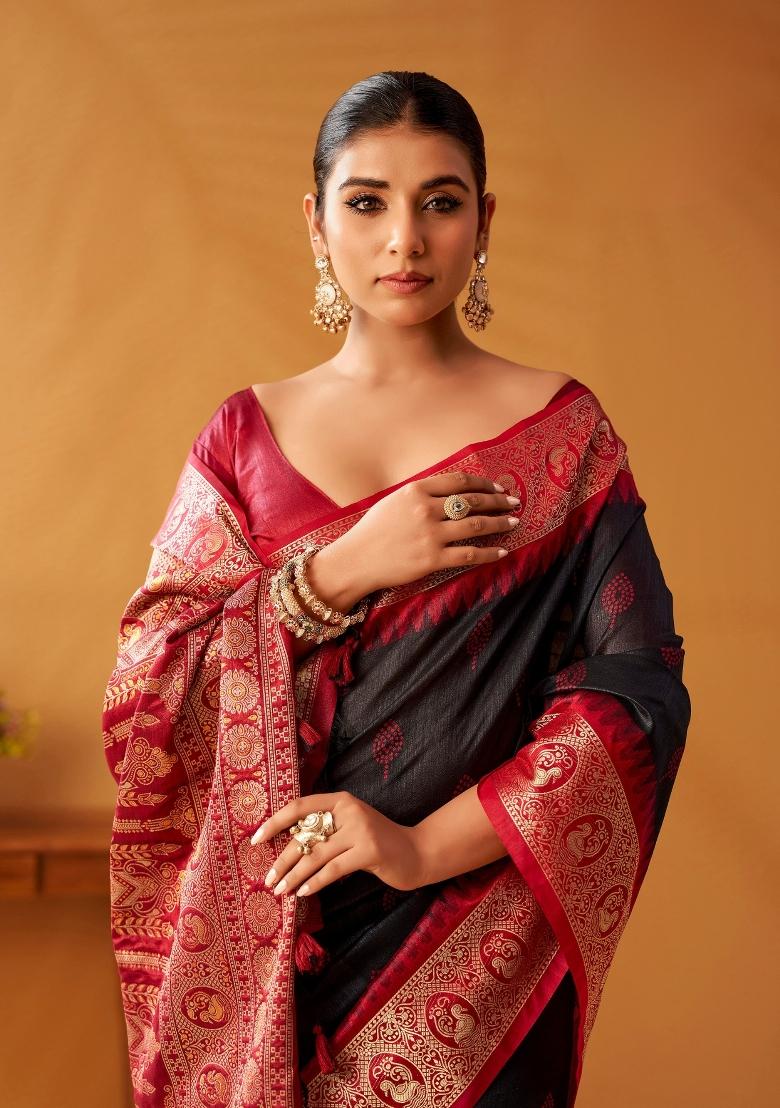 Black Floral Print Silk Blend Saree Set - Indya