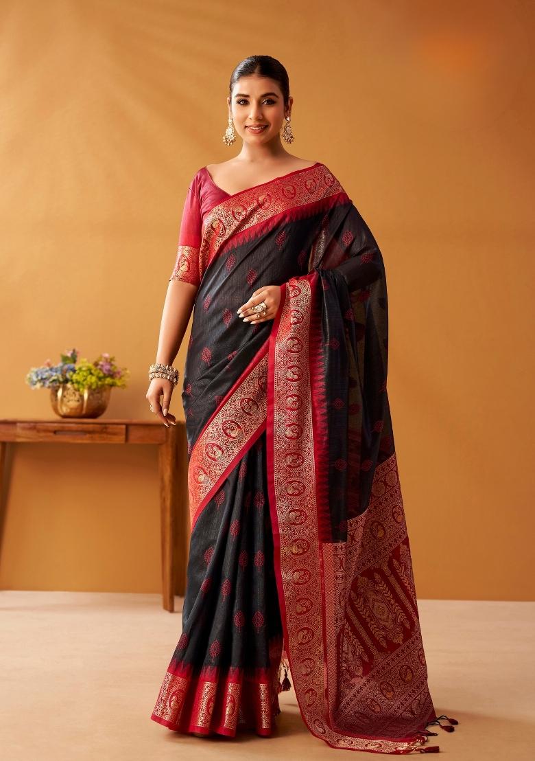 Black Floral Print Silk Blend Saree Set - Indya