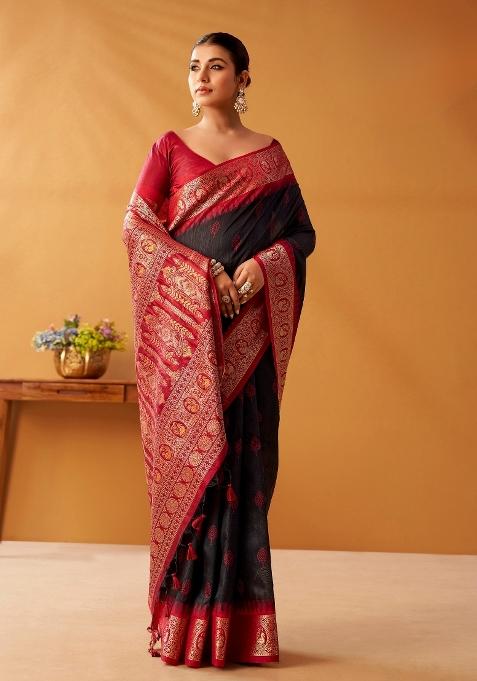 Black Floral Print Silk Blend Saree Set