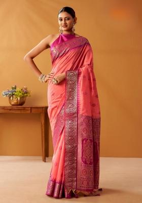 Pink Floral Print Silk Blend Saree Set