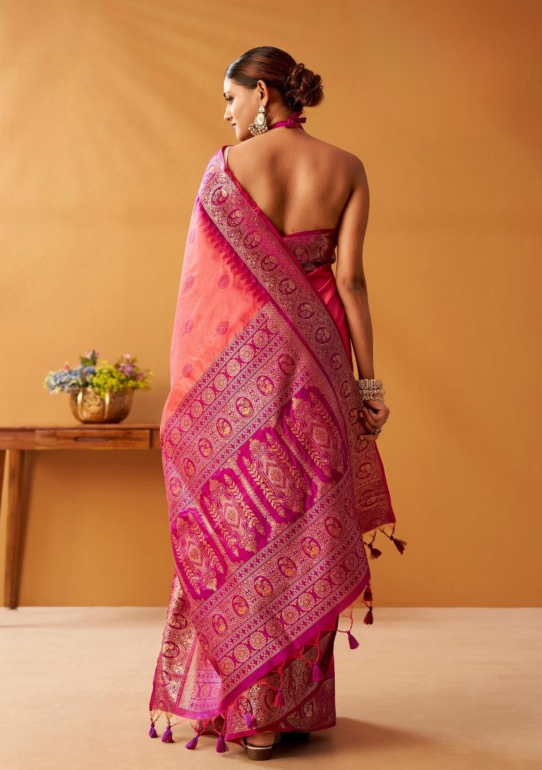 Pink Floral Print Silk Blend Saree Set - Indya