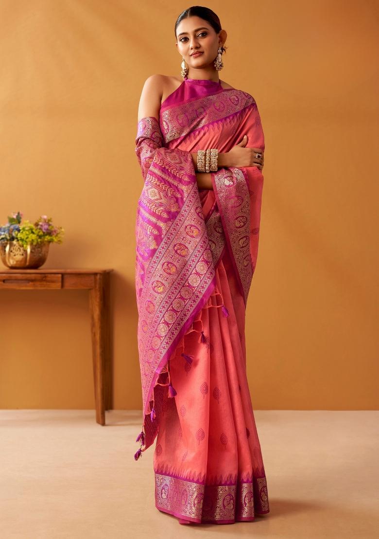 Pink Floral Print Silk Blend Saree Set - Indya