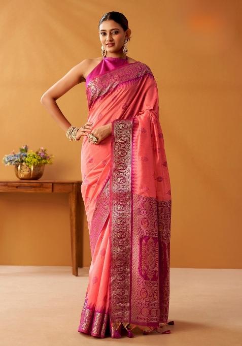 Pink Floral Print Silk Blend Saree Set