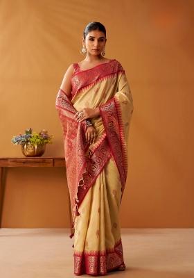 Beige Floral Print Silk Blend Saree Set