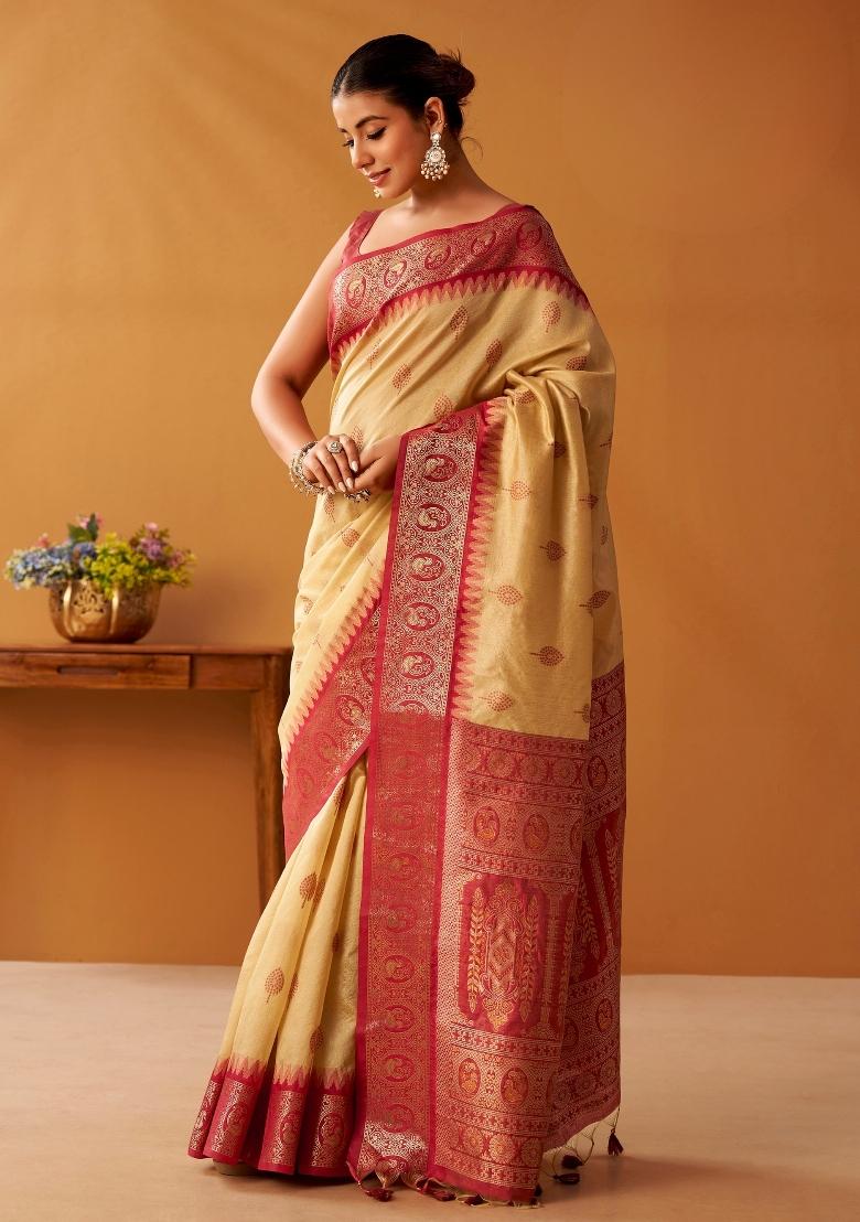Beige Floral Print Silk Blend Saree Set - Indya