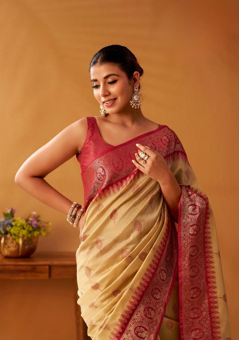 Beige Floral Print Silk Blend Saree Set - Indya