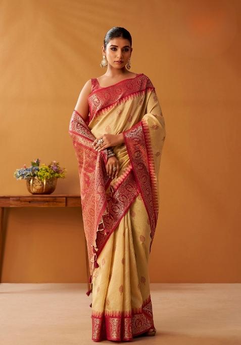 Beige Floral Print Silk Saree Set