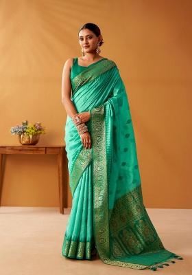Tourquise Blue Floral Print Silk Blend Saree Set