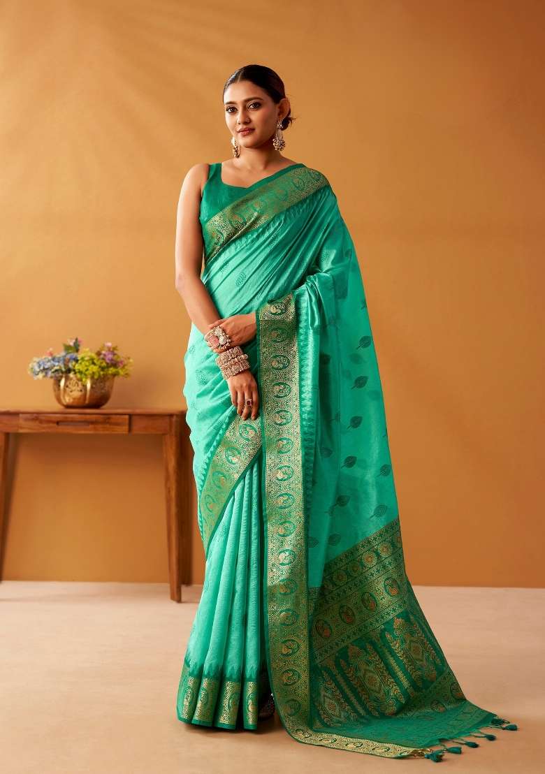 Tourquise Blue Silk Blend Saree Set with Floral Print for Diwali | Wedding & Festive Wear - Indya