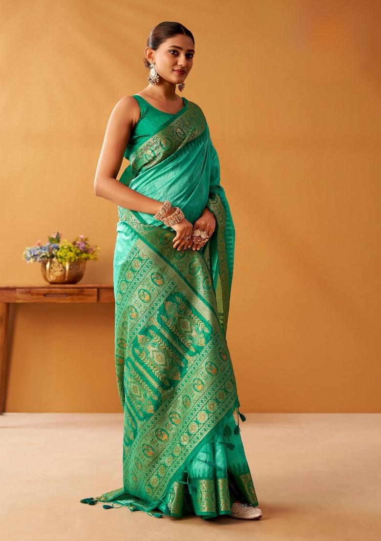 Tourquise Blue Floral Print Silk Blend Saree Set - Indya