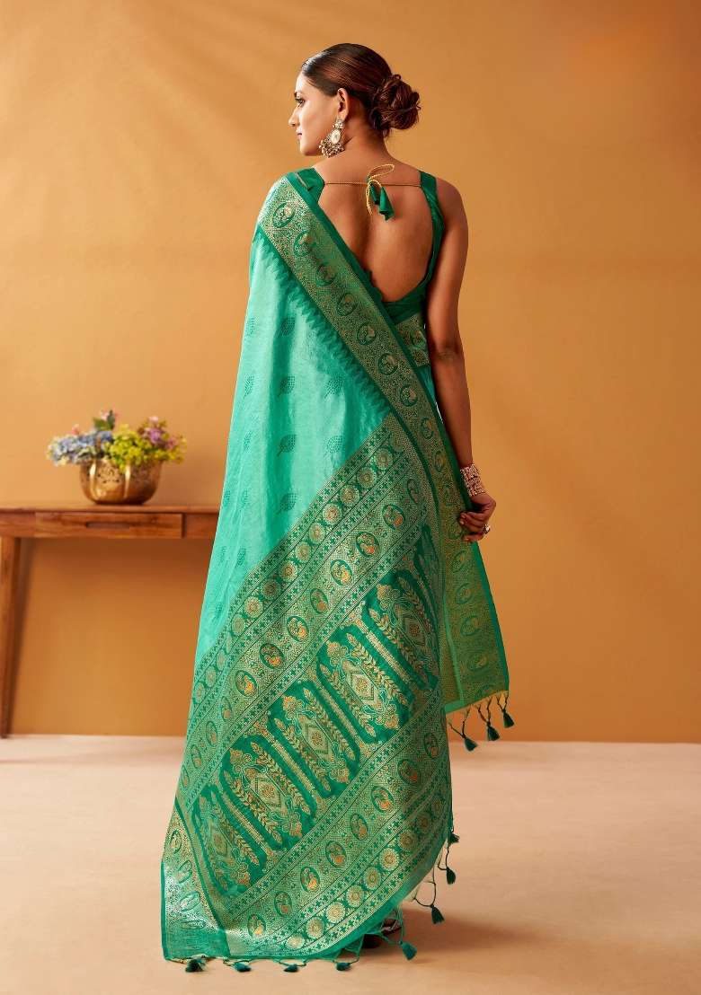 Tourquise Blue Silk Blend Saree Set with Floral Print for Diwali | Wedding & Festive Wear - Indya