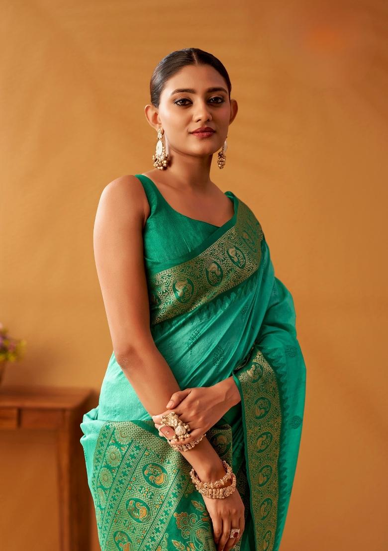 Tourquise Blue Floral Print Silk Blend Saree Set - Indya