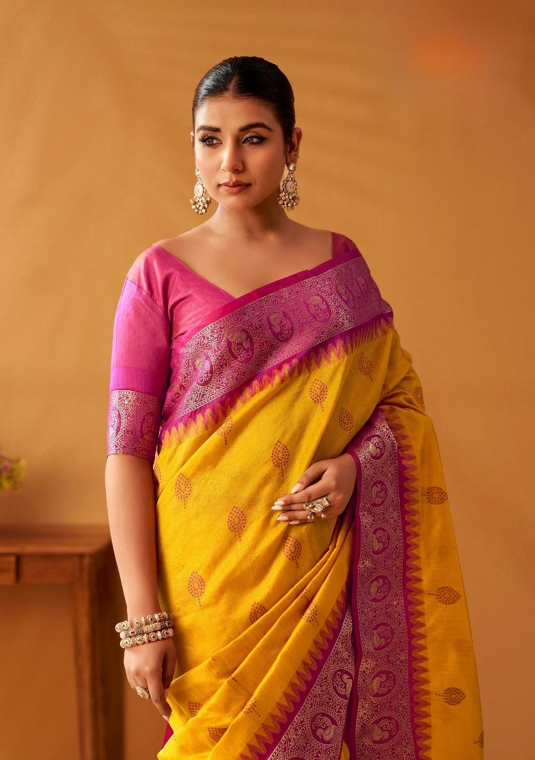 Yellow Floral Print Silk Blend Saree Set - Indya