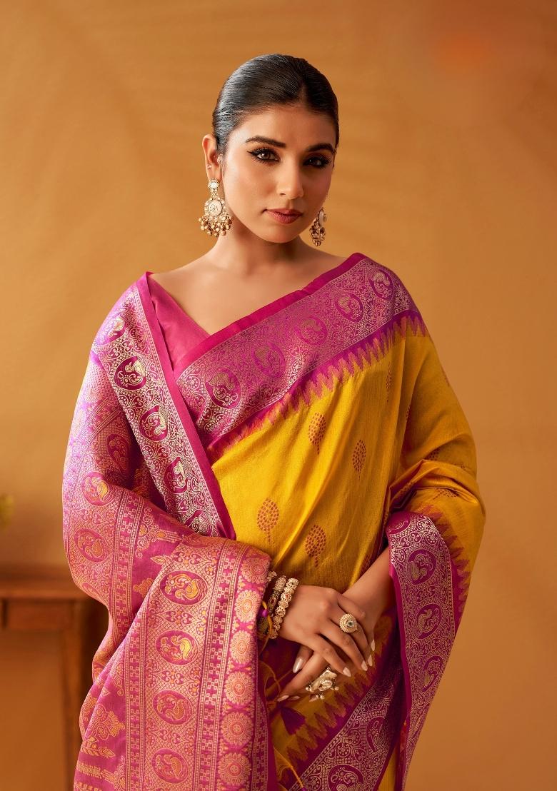 Yellow Floral Print Silk Blend Saree Set - Indya