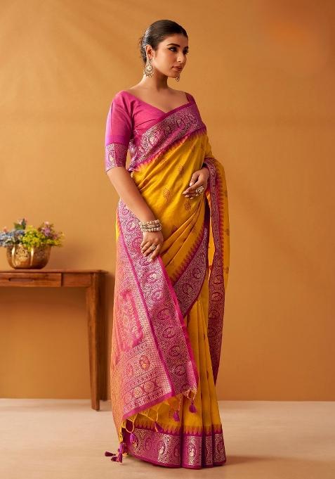 Yellow Floral Print Silk Blend Saree Set