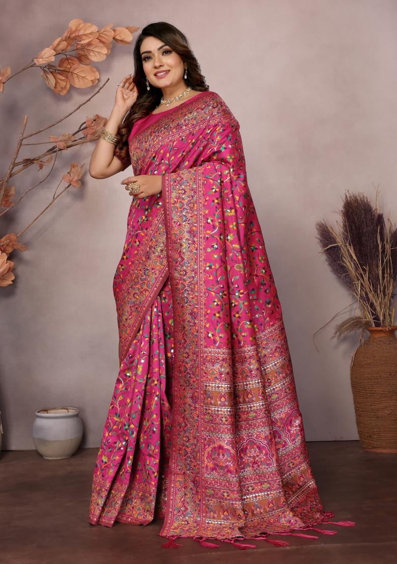 Pink Floral Print Silk Blend Saree Set - Indya
