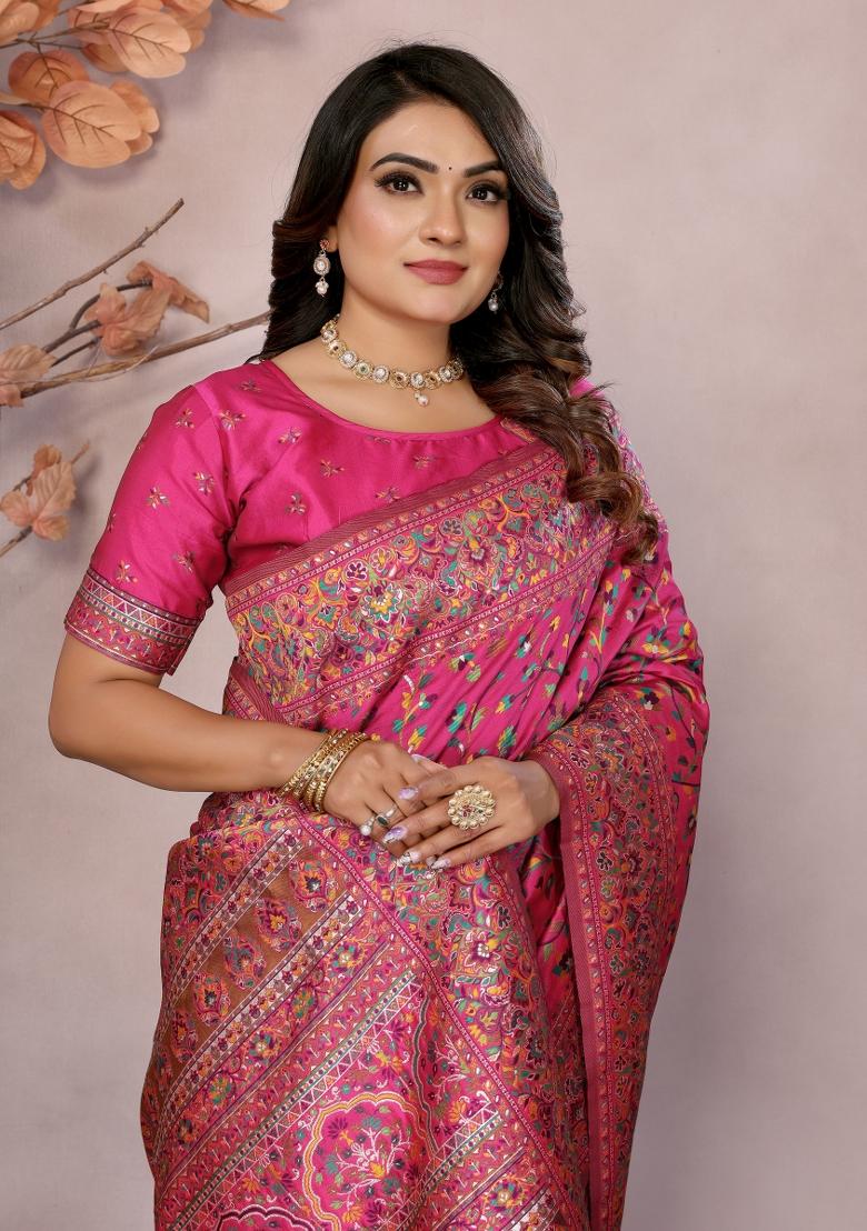 Pink Floral Print Silk Blend Saree Set - Indya