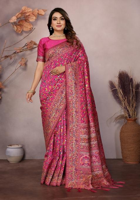 Pink Floral Print Silk Saree Set