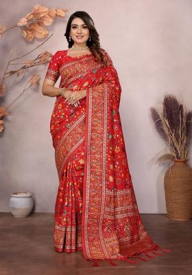 Red Floral Print Silk Blend Saree Set