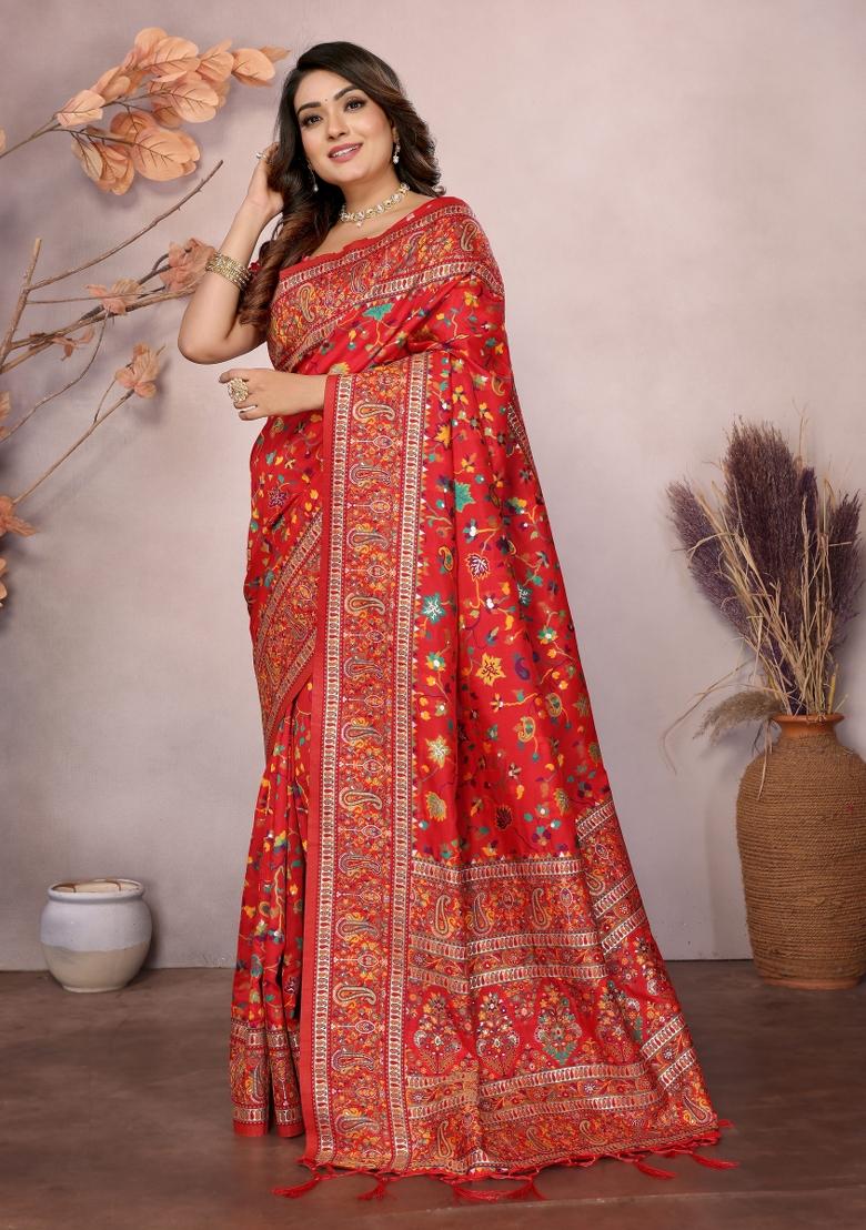 Red Floral Print Silk Blend Saree Set - Indya