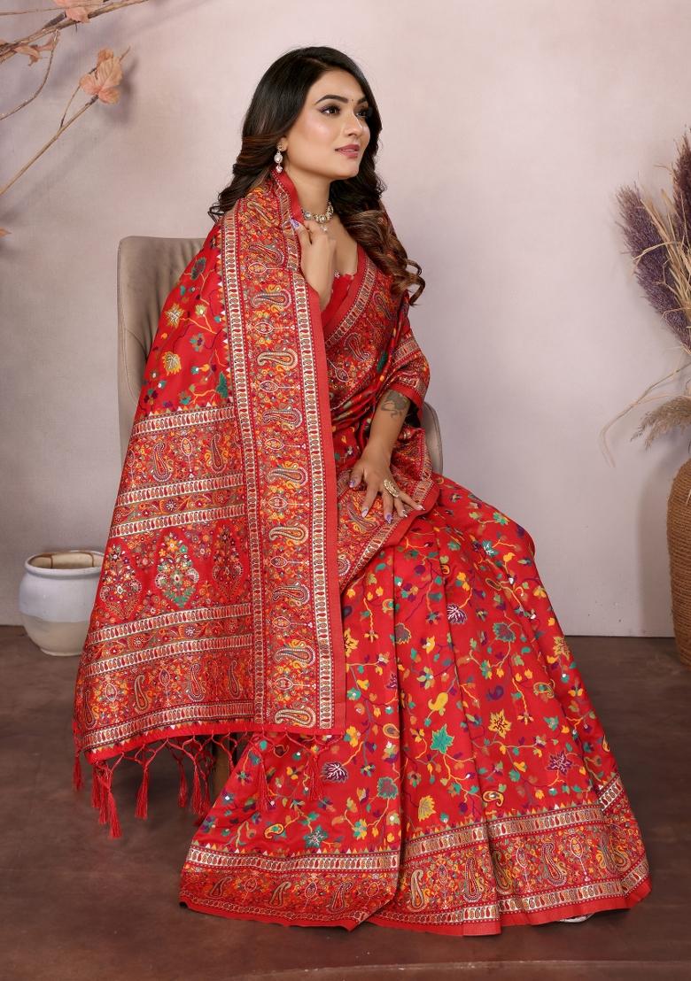 Red Floral Print Silk Blend Saree Set - Indya