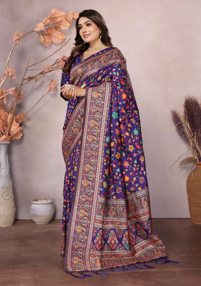 Purple Floral Print Silk Blend Saree Set - Indya