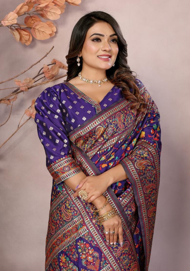 Purple Floral Print Silk Blend Saree Set - Indya
