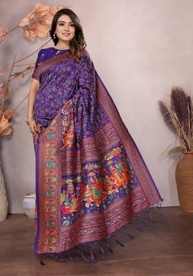 Purple Floral Print Silk Blend Saree Set