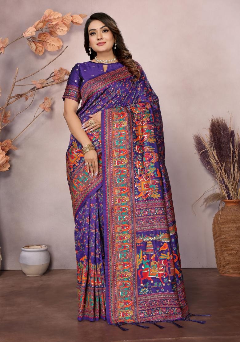 Purple Floral Print Silk Blend Saree Set - Indya