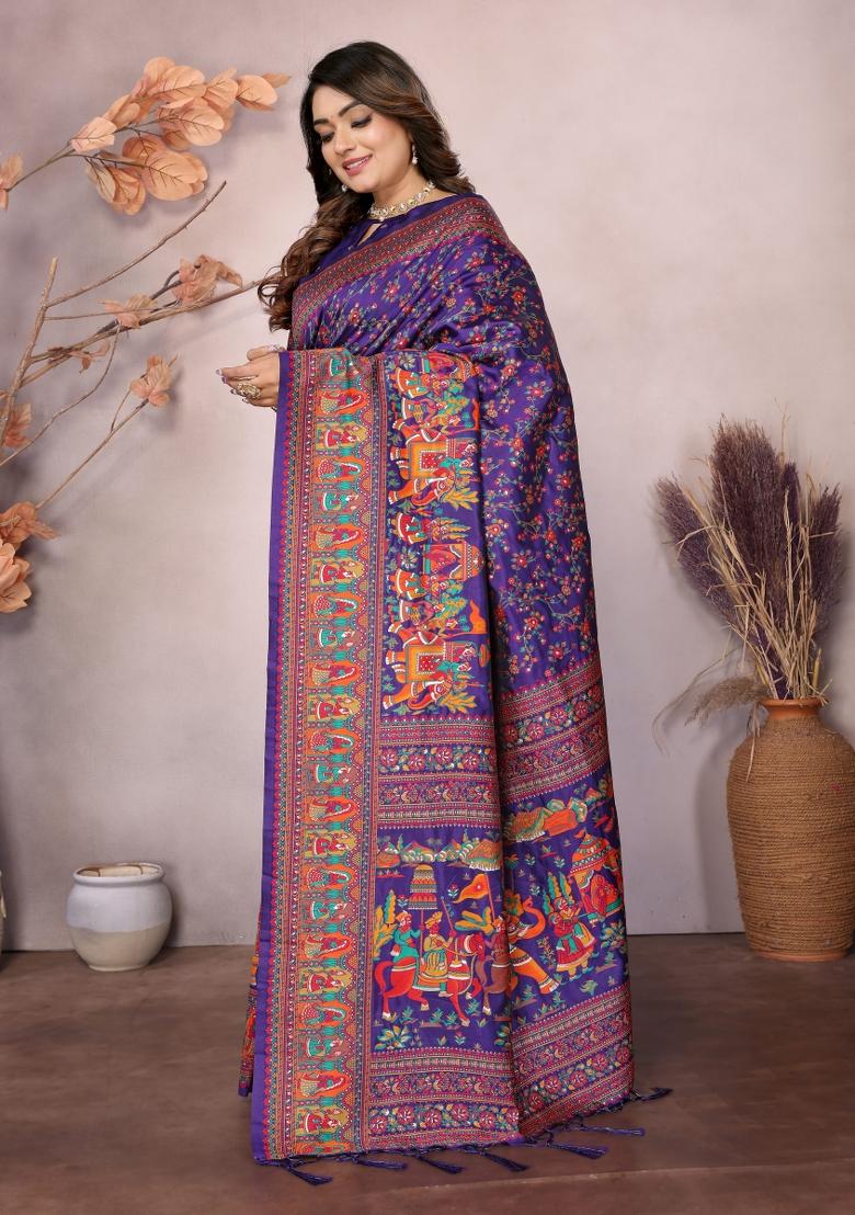 Purple Floral Print Silk Blend Saree Set - Indya
