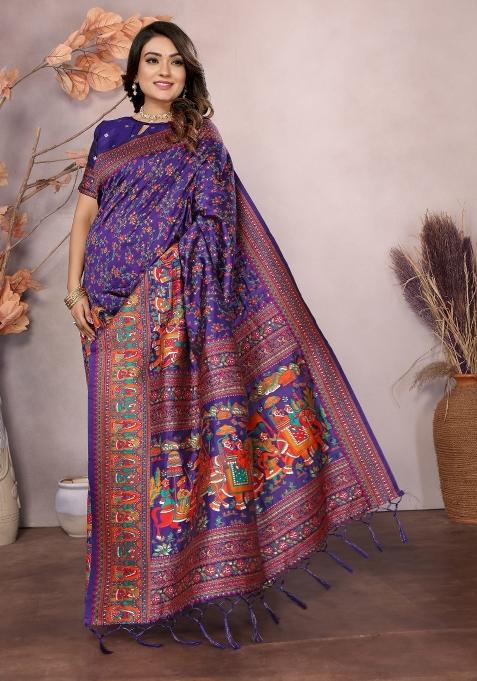 Purple Floral Print Silk Blend Saree Set